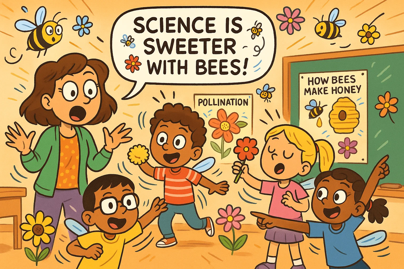 Educational bee activities cartoon with kids exploring pollination and honey models.
