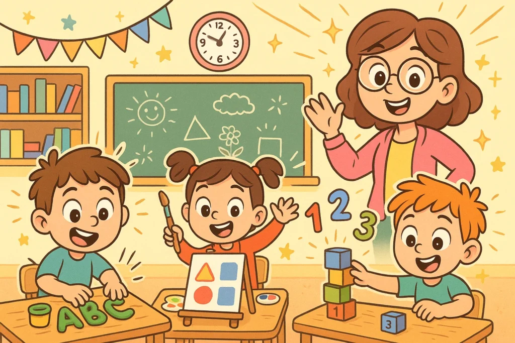Educational fun activities kindergarten with playful children learning in a bright classroom.