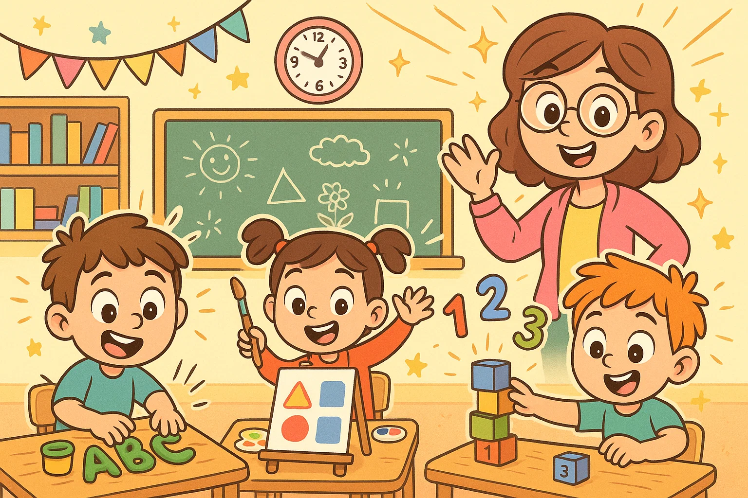 Educational fun activities kindergarten with playful children learning in a bright classroom.