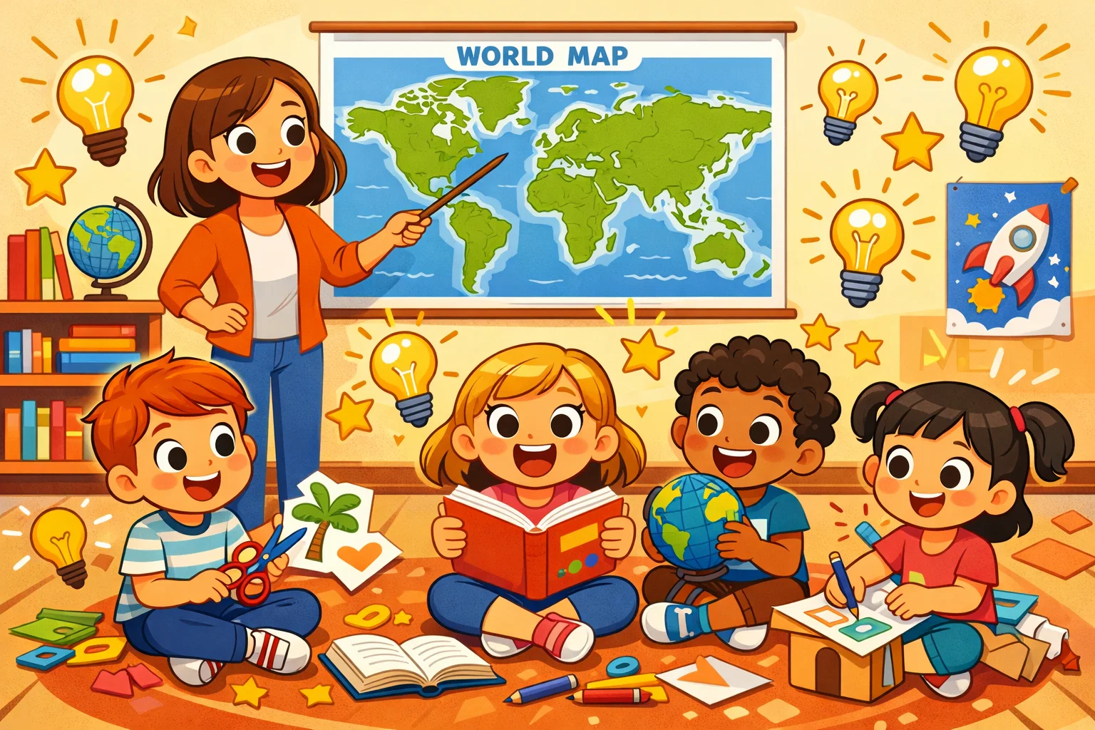Educational global activities kids learning world cultures in classroom.