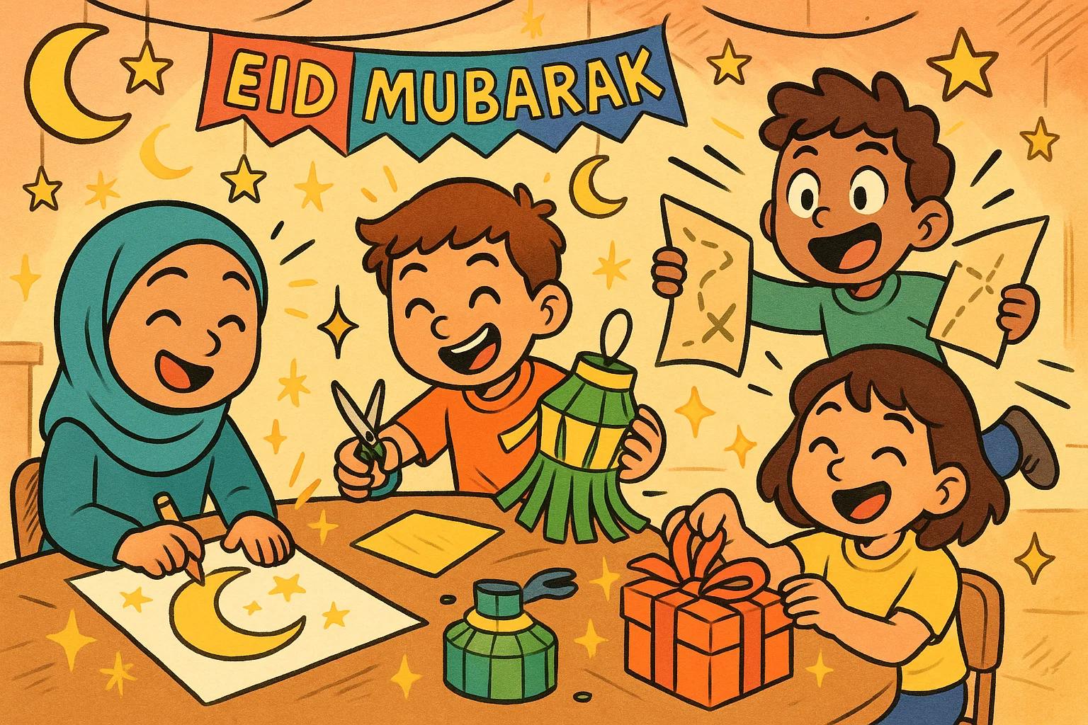 Eid activities for kids crafts games in a playful cartoon scene with children celebrating.