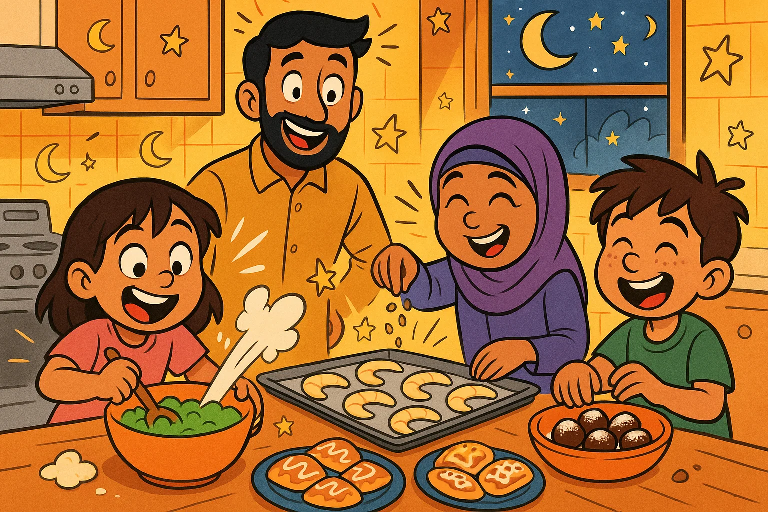  Eid baking cooking activities kids preparing crescent cookies with joyful expressions.
