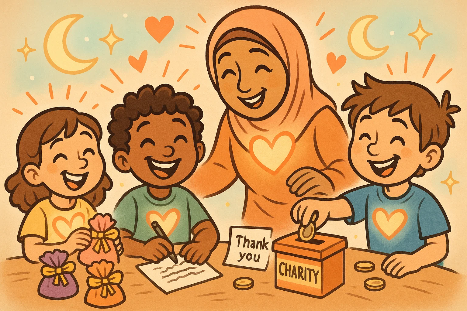 Eid charity gratitude activities kids packing small gifts and writing thank you notes.