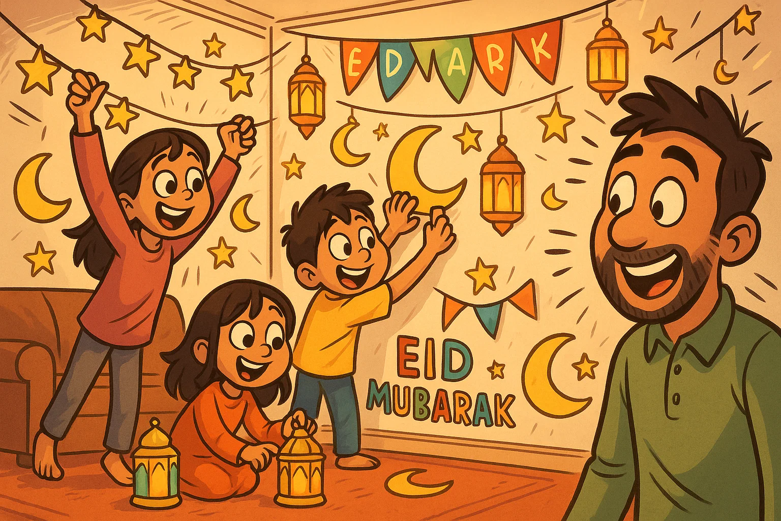 Eid home decoration activities kids happily hanging festive stars and crescent decorations.
