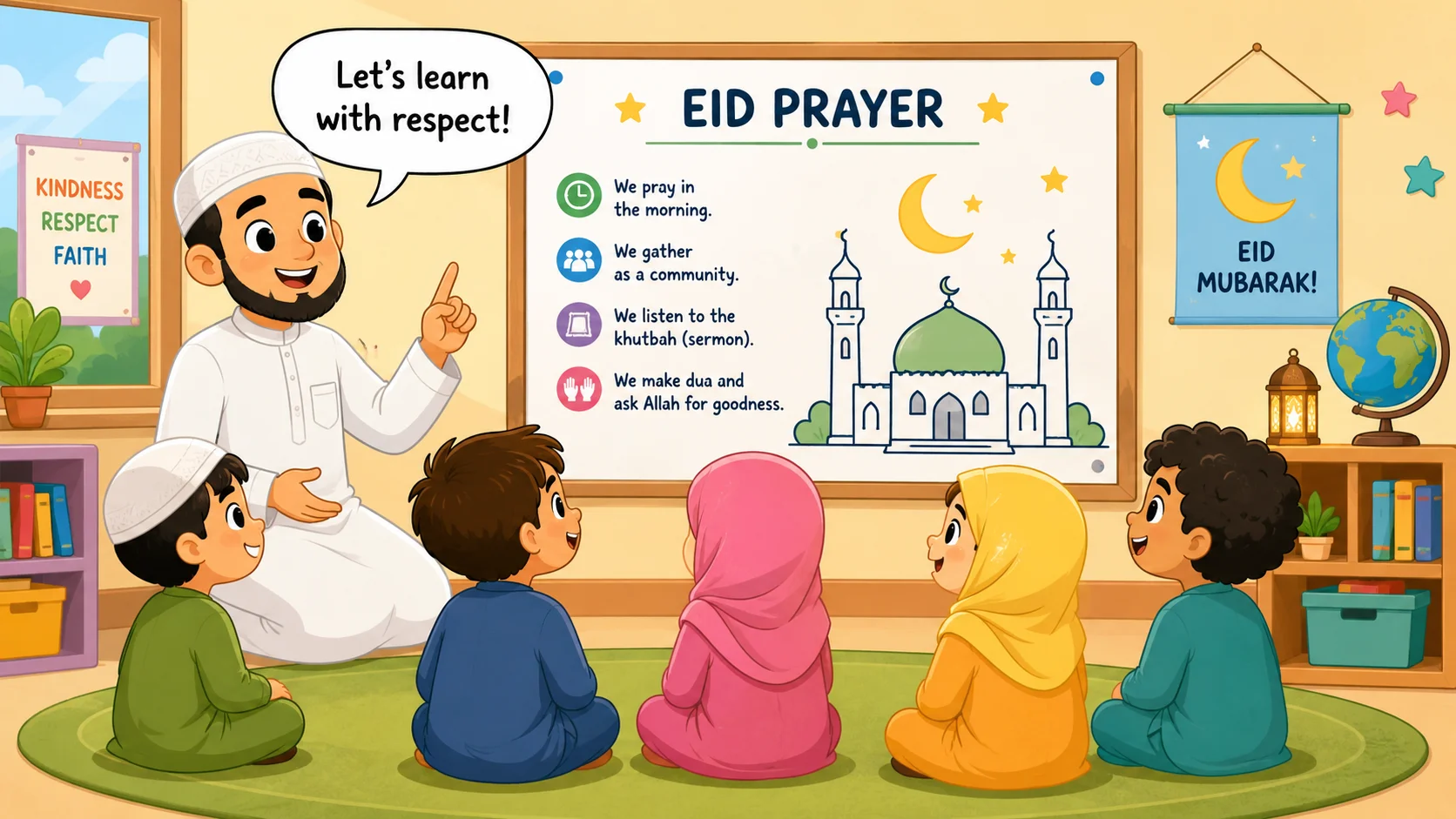 Eid prayer classroom kids cartoon with teacher and crescent poster. 
