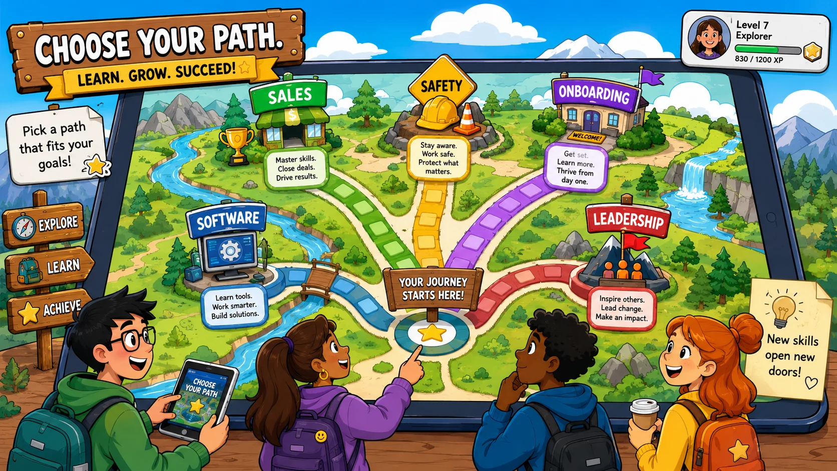 Elearning game paths by training goal for online learners. 
