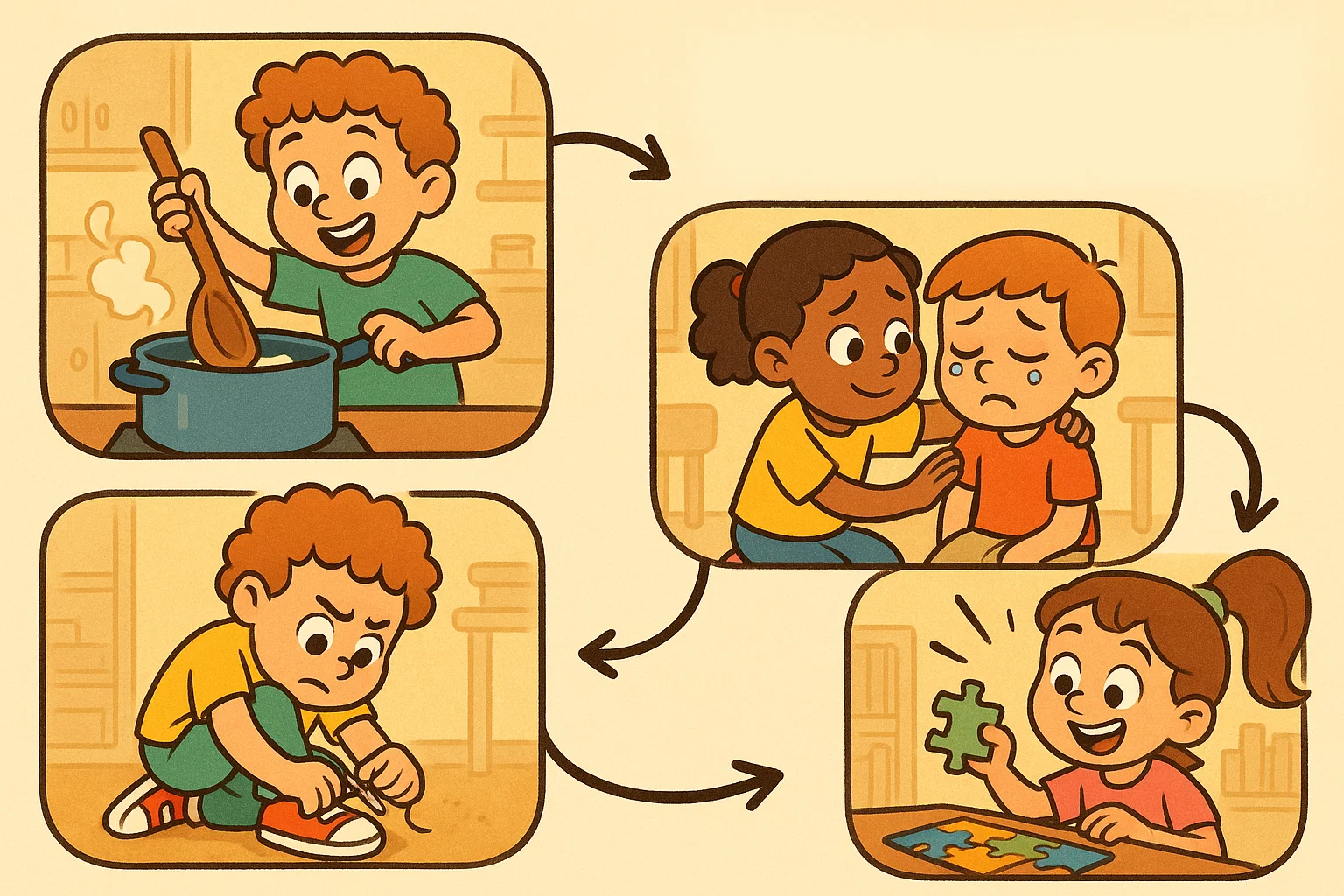 Cartoon collage of children practicing essential life skills through playful activities.