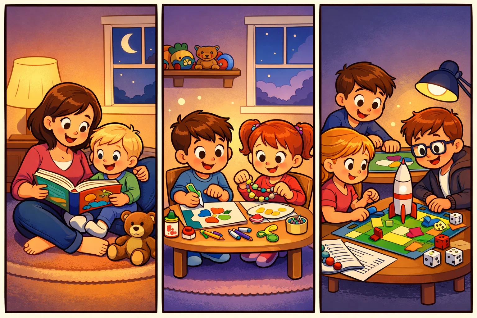 Evening activities by age group showing kids of different ages playing calmly.