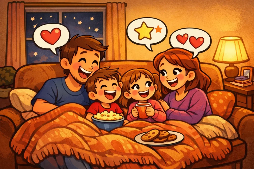 Evening activities for kids with family bonding at home in warm evening setting.