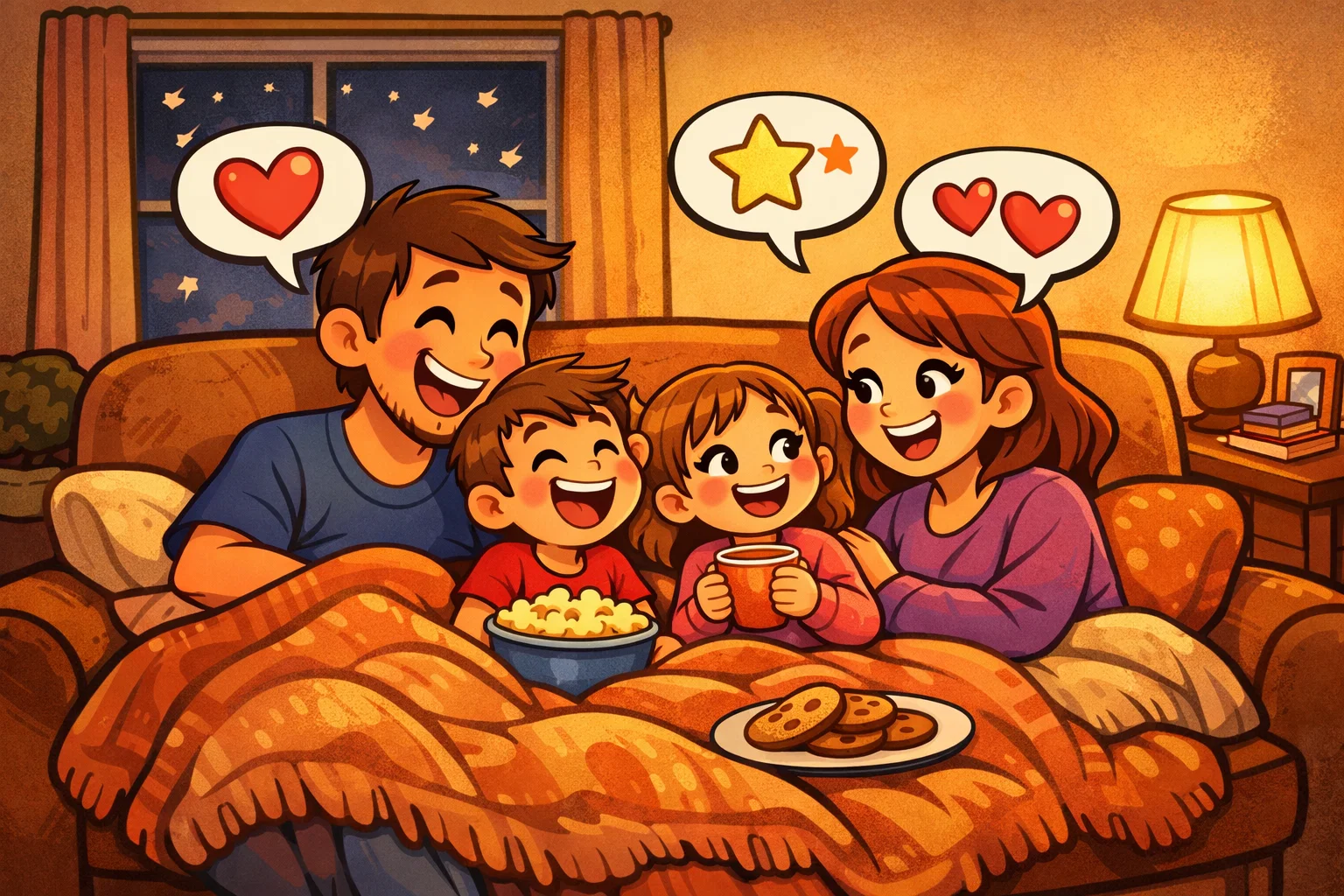 Evening activities for kids with family bonding at home in warm evening setting.