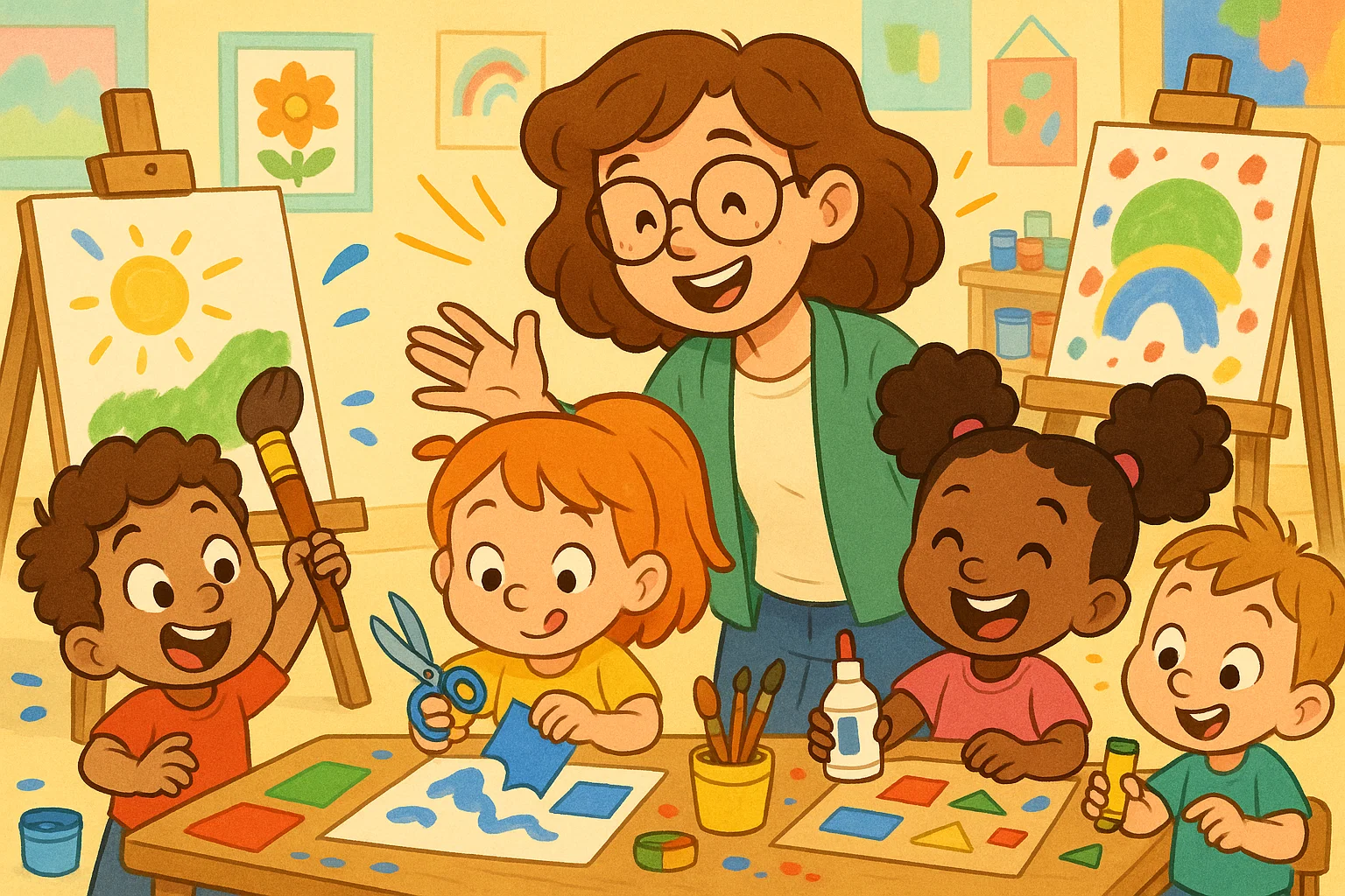 Cartoon of preschoolers doing expressive arts and design activities with crafts and paint.
