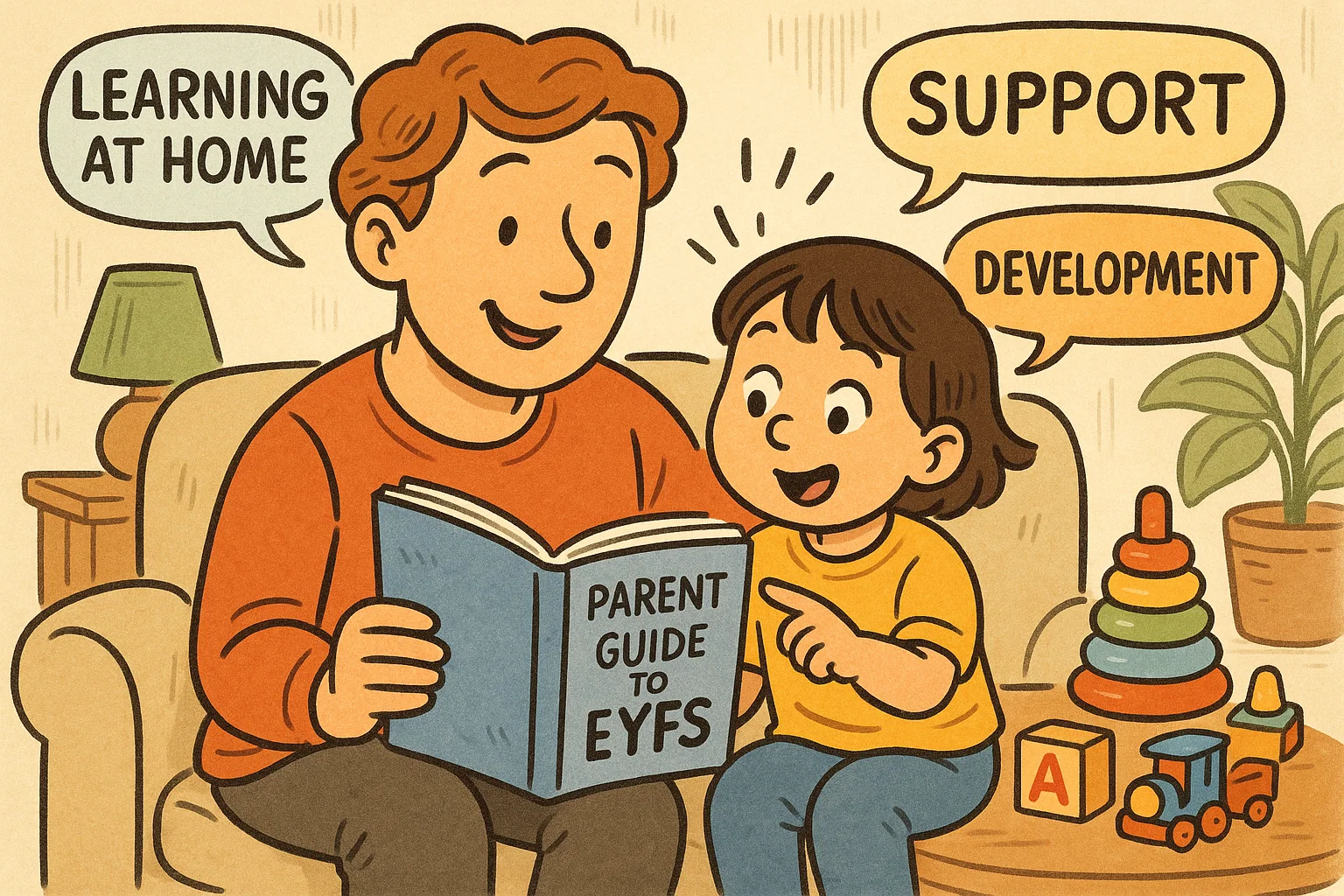  EYFS framework for parents and carers with a child and parent engaging with educational resources.
