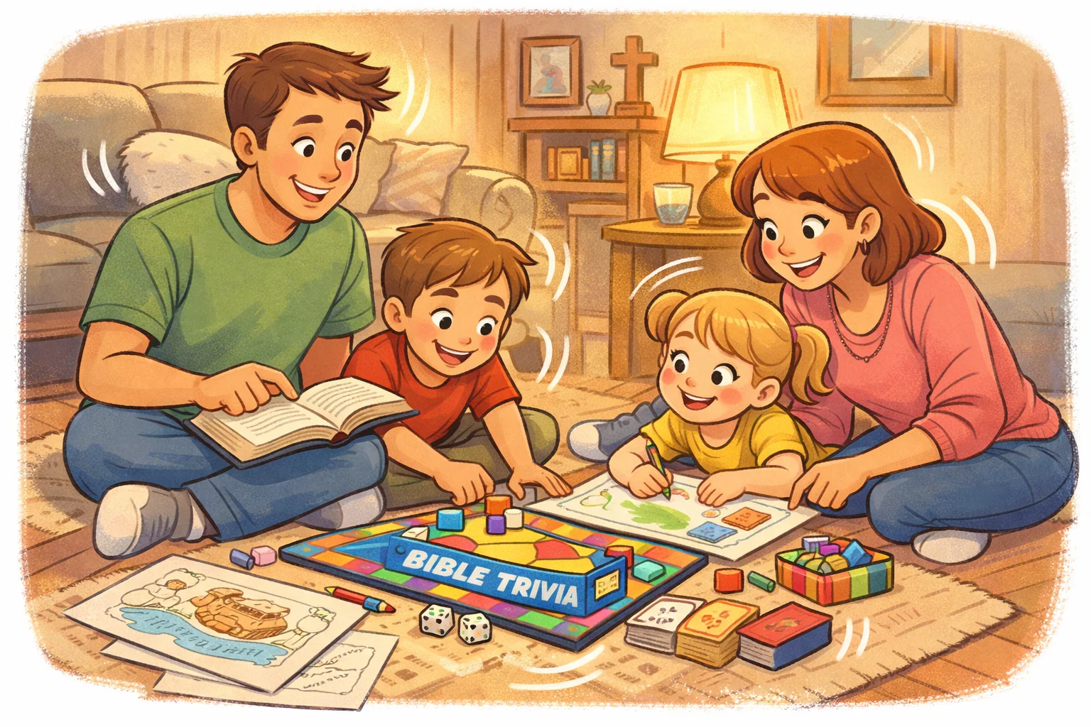 Family enjoying family bible activities at home with games.
