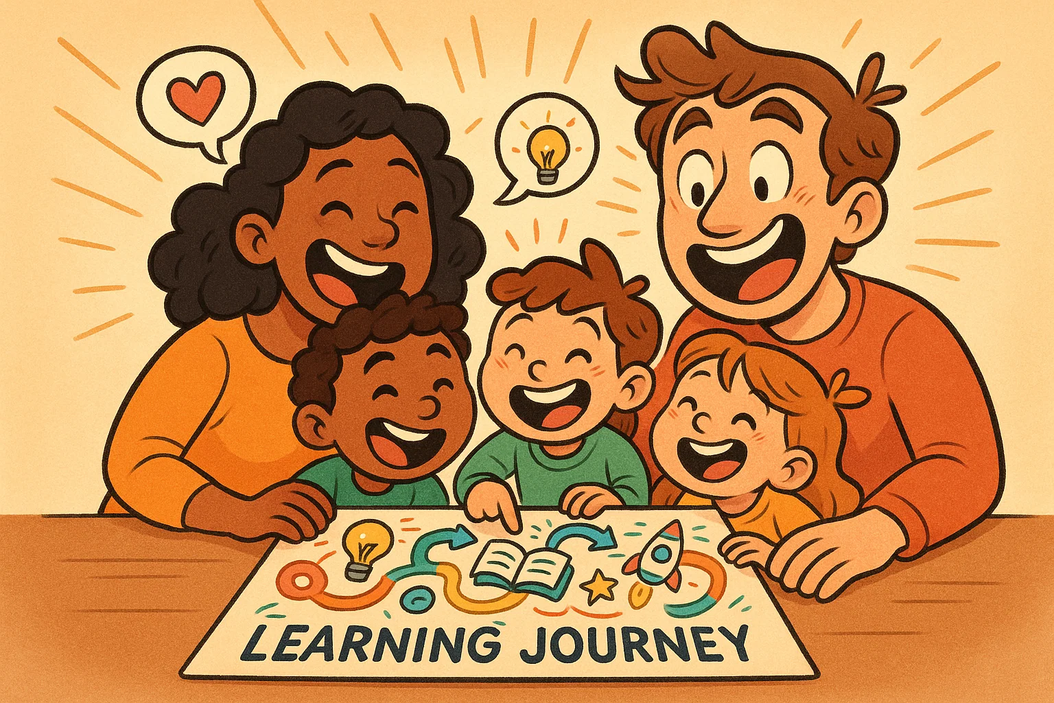 Family bonding interactive learning journey cartoon showing parents and kids learning together.
