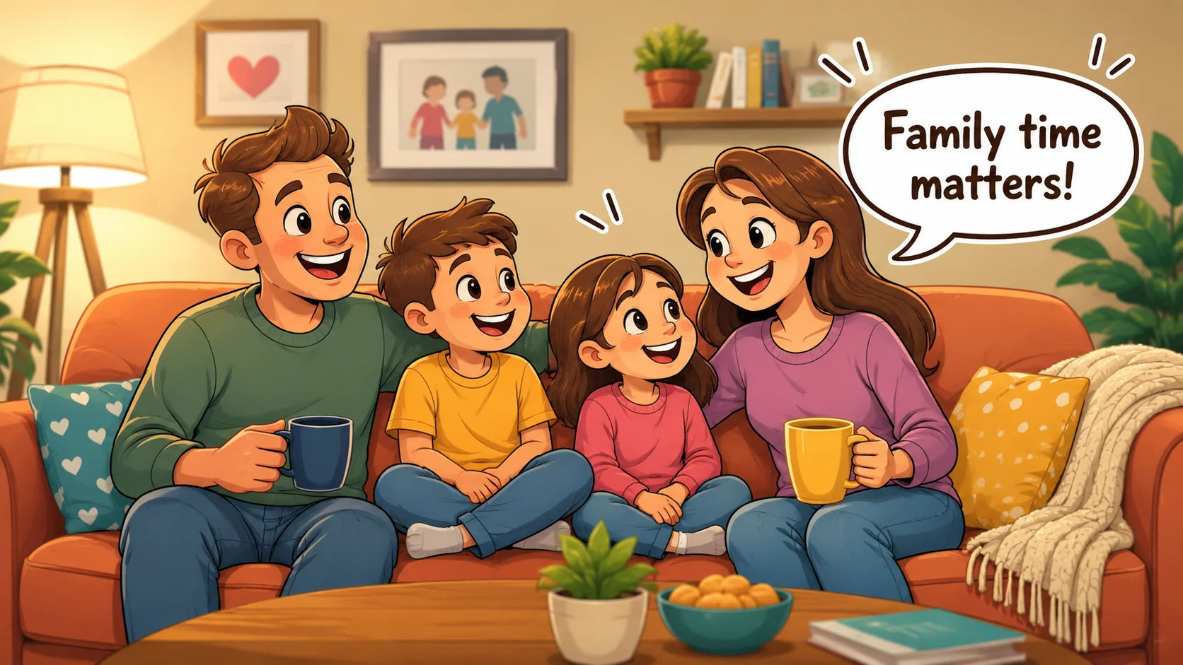 Family bonding sofa time with parents and children laughing together. 
