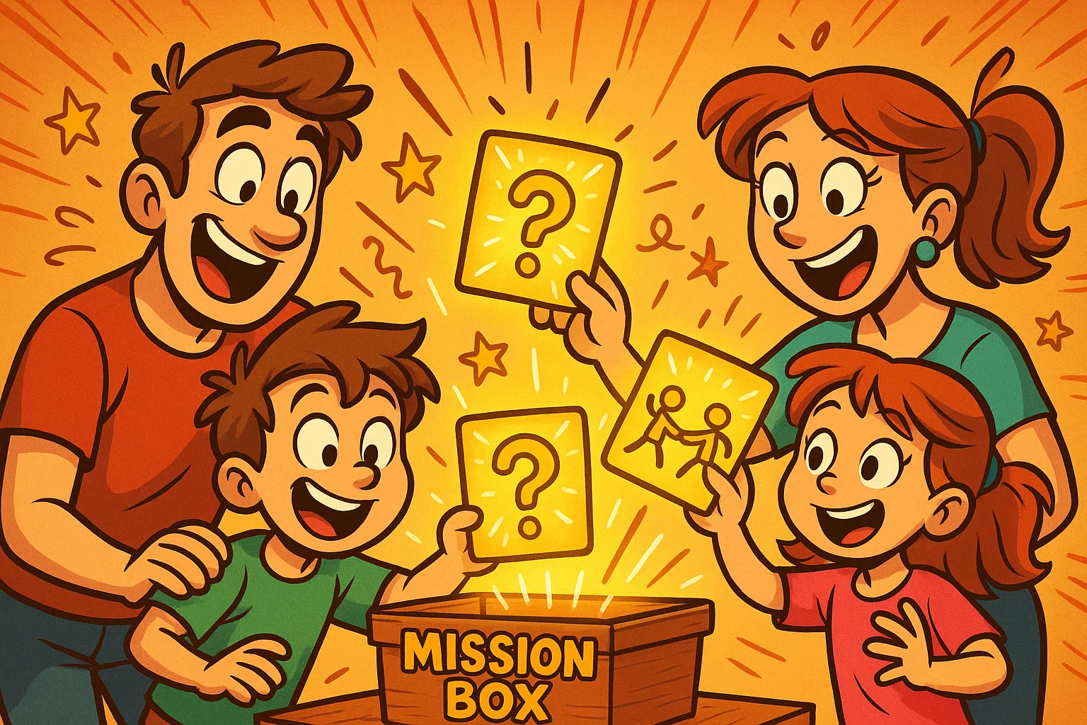 Family prompts missions interactive learning cartoon with playful cards and teamwork.
