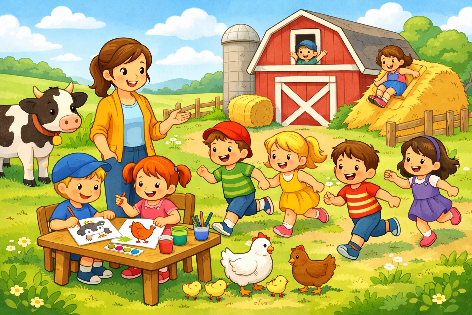 Farm activities for kids enjoying games crafts learning and play together.