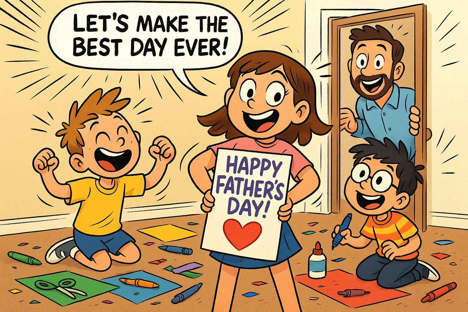 Kids planning fathers day activities in a playful cartoon scene with bright colors.