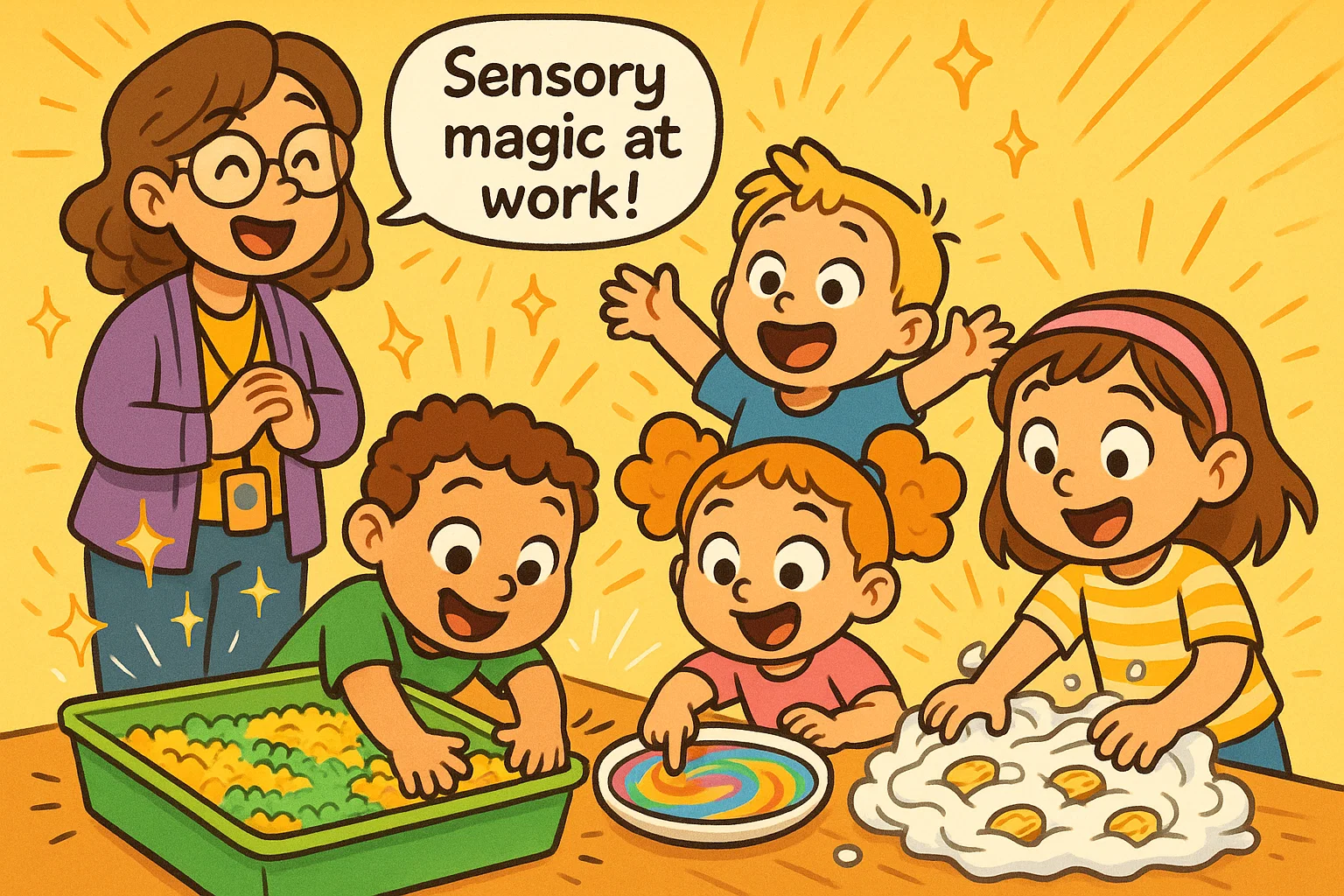 Kids enjoying festive sensory activities with green bins and rainbow colors.