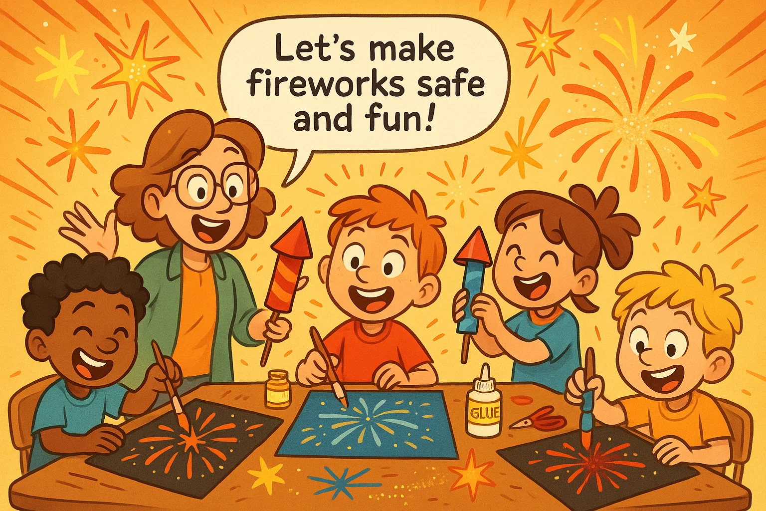 Playful cartoon of firework activities for kids making crafts and experiments in a lively classroom.