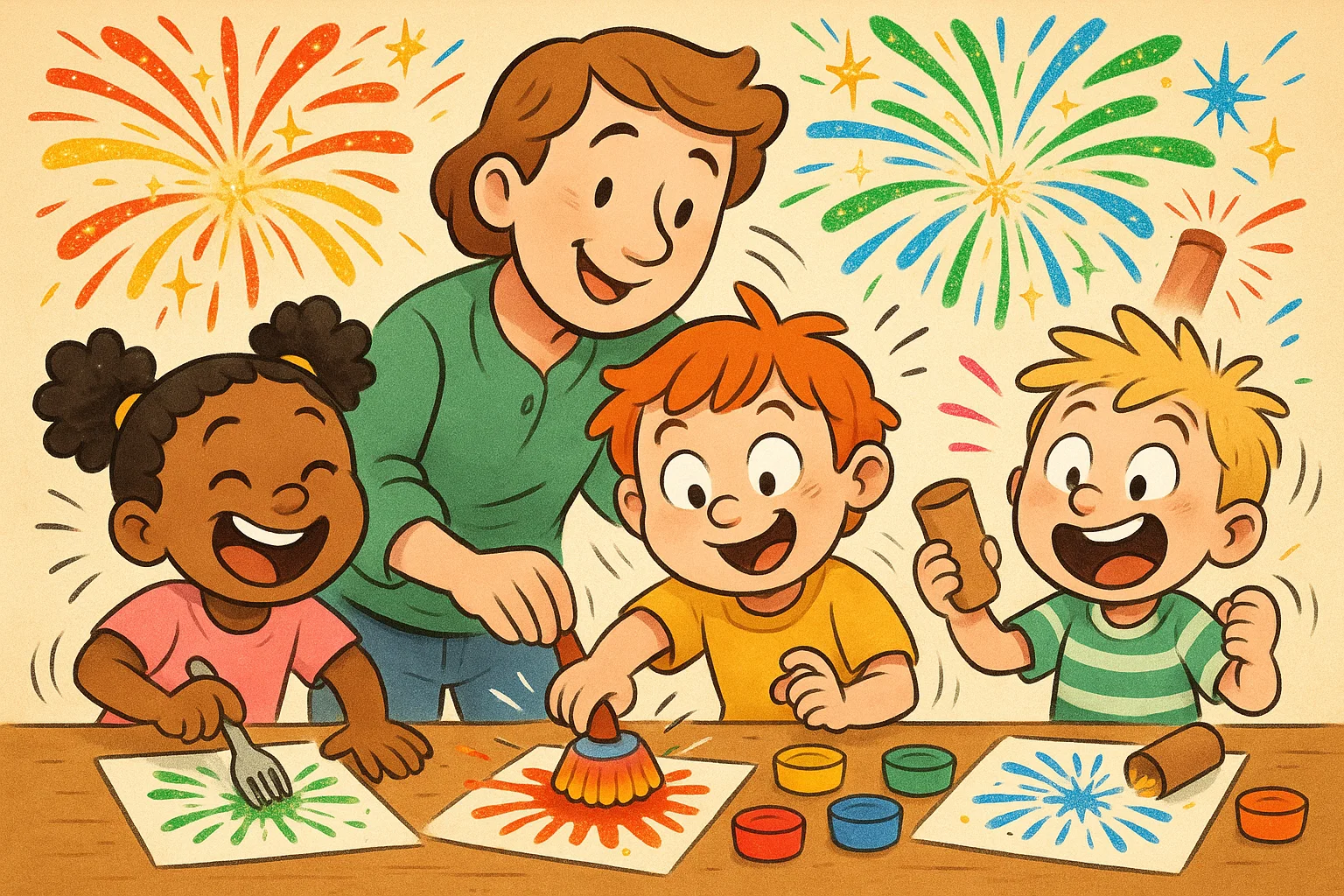  Cartoon scene of firework crafts for kids creating colourful art with paint and simple materials.
