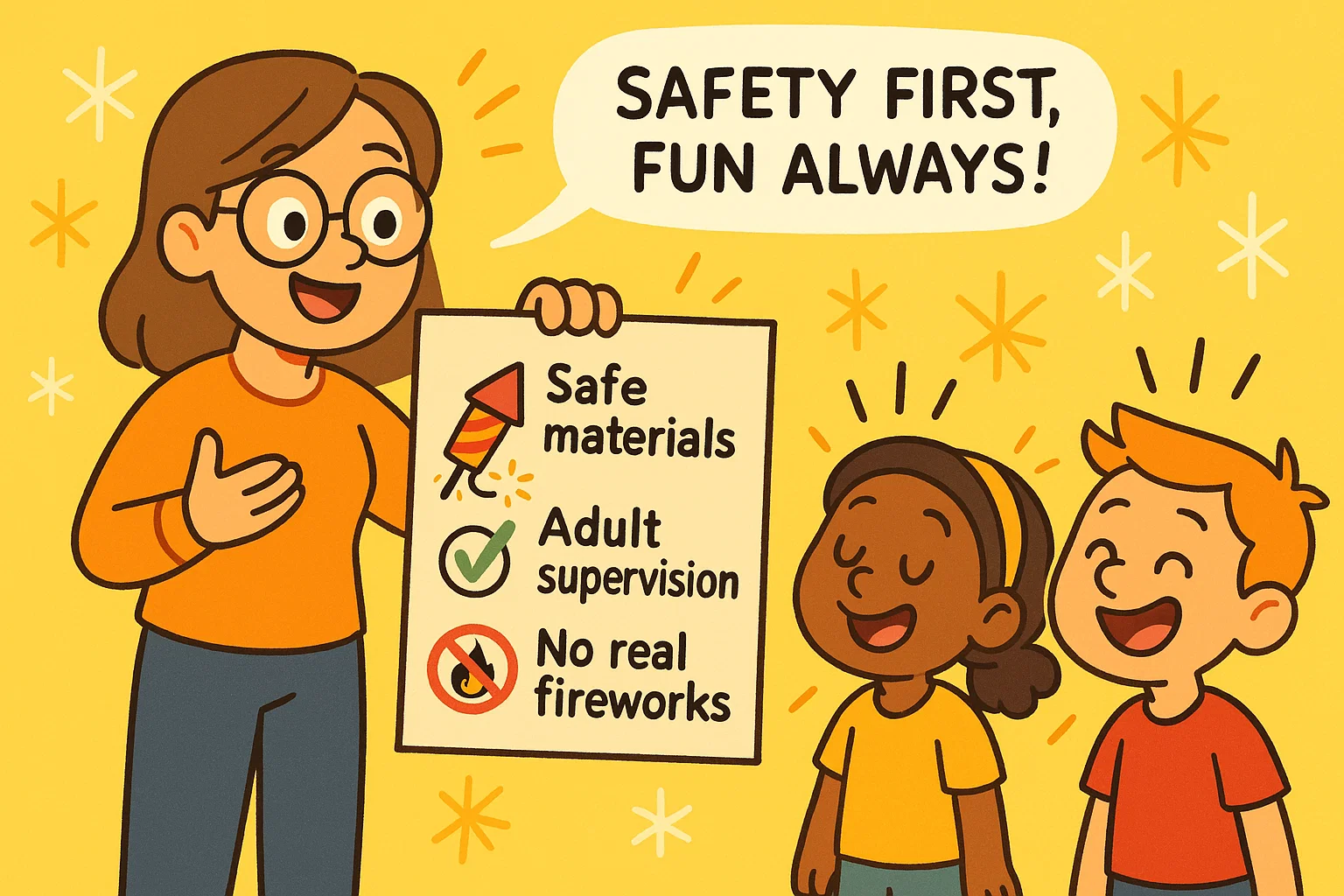 Cartoon teacher teaching firework safety tips for kids with a clear checklist and happy group.