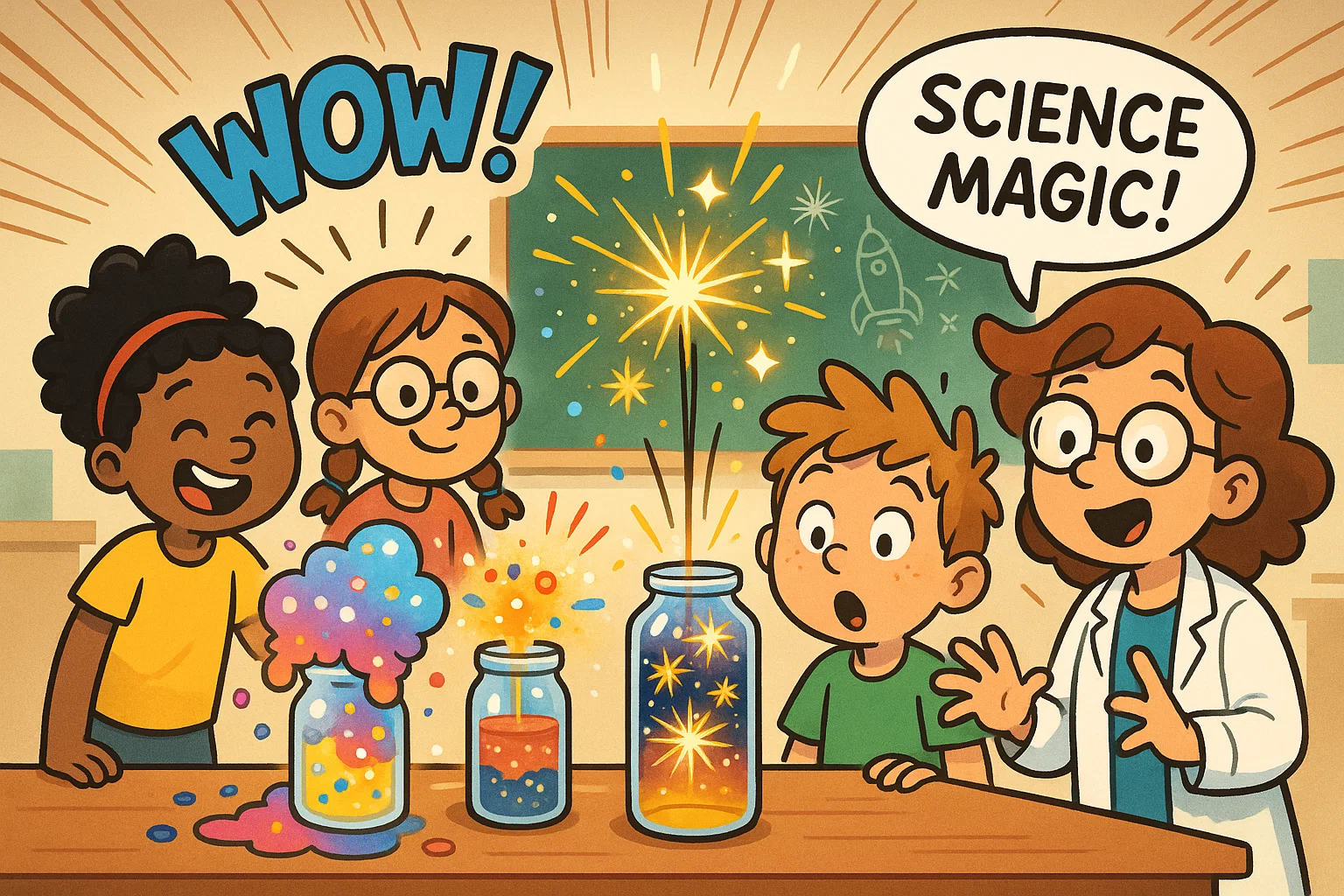  Cartoon kids doing firework stem experiments with bright fizzing jars and excited expressions.
