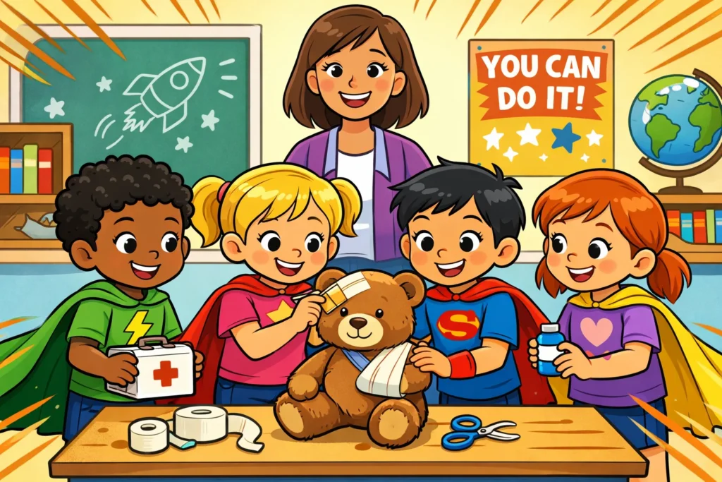 First aid activities for kids learning basic skills and helping others confidently.