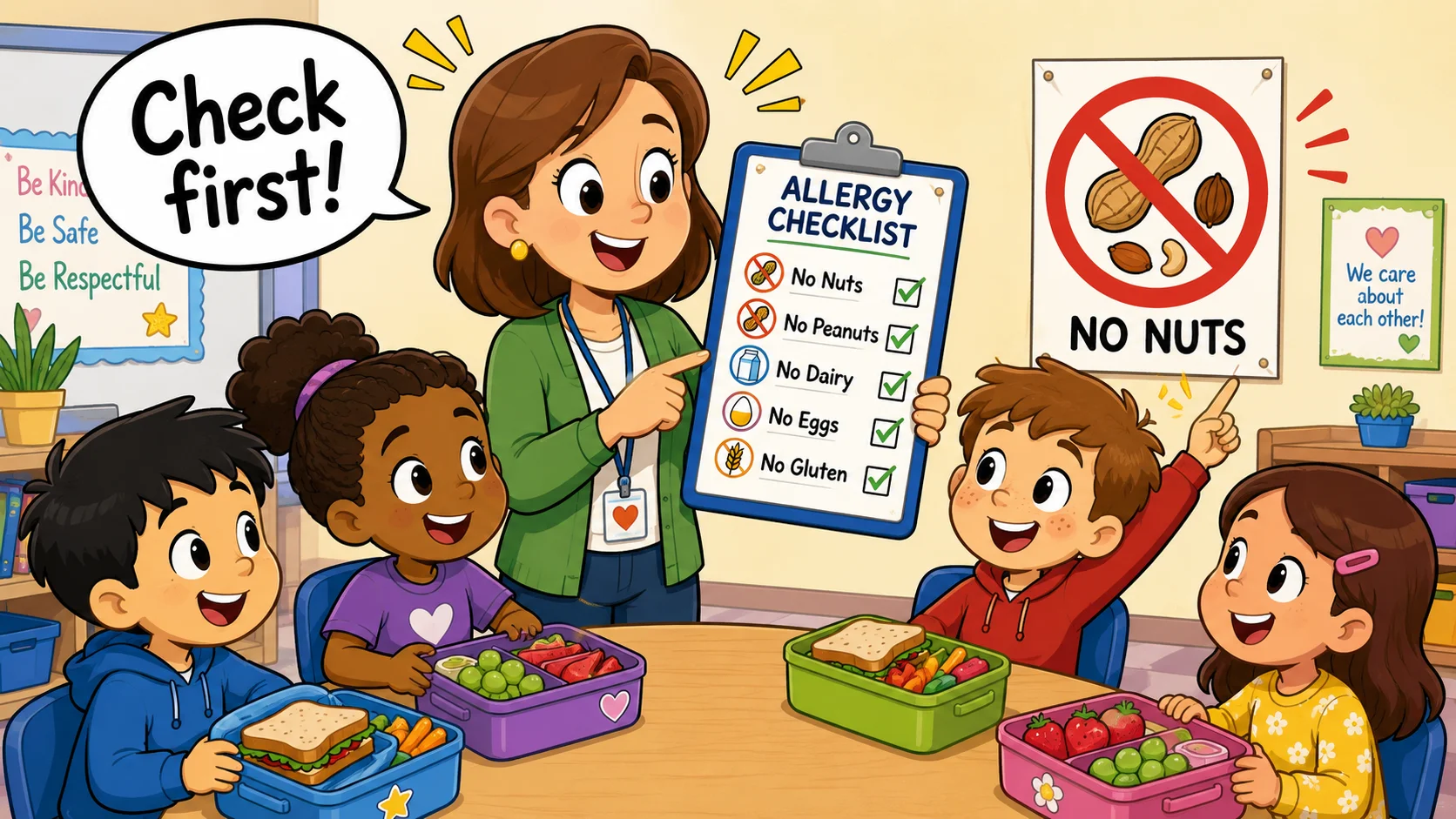 Food allergy safety classroom checklist with kids and teacher.