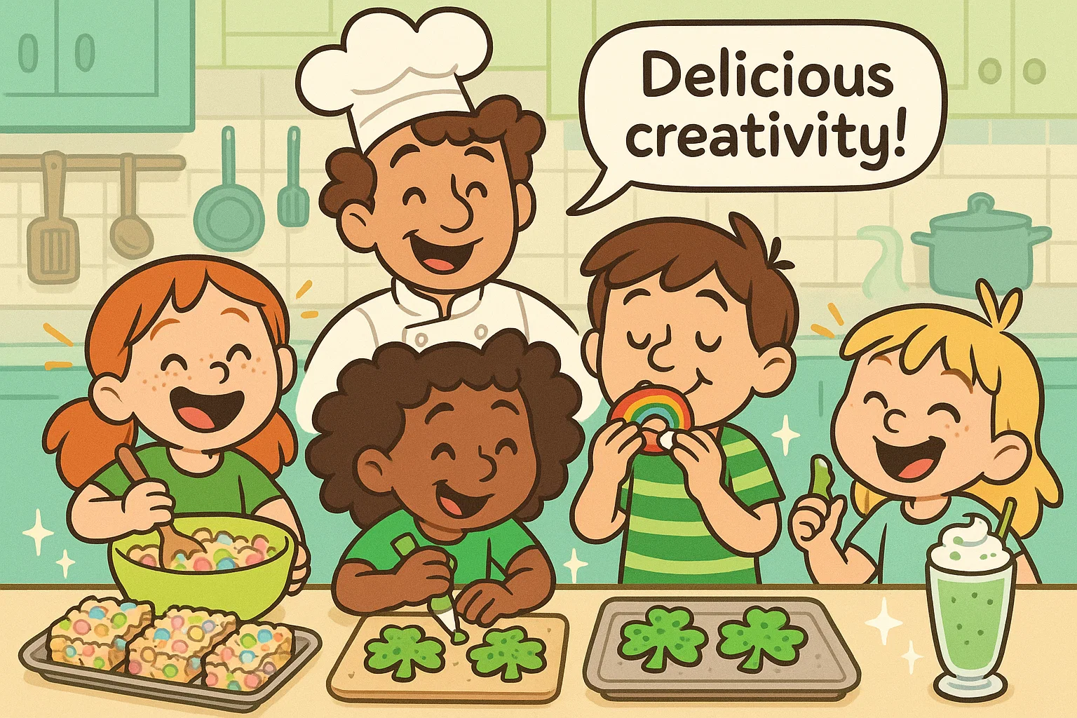 Kids enjoying food and cooking activities for St Patricks Day in a cartoon kitchen.
