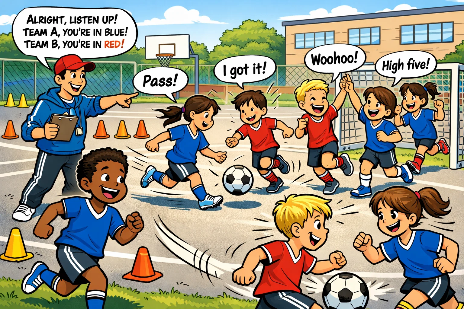 Football activities school PE lesson with kids playing organized games.
