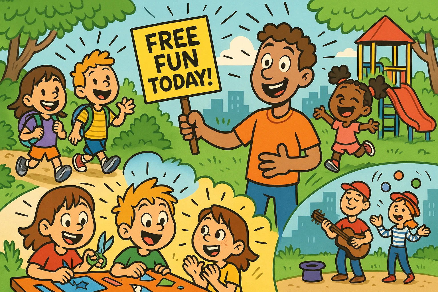 Free activities for kids cartoon with playful outdoor and indoor fun for families.