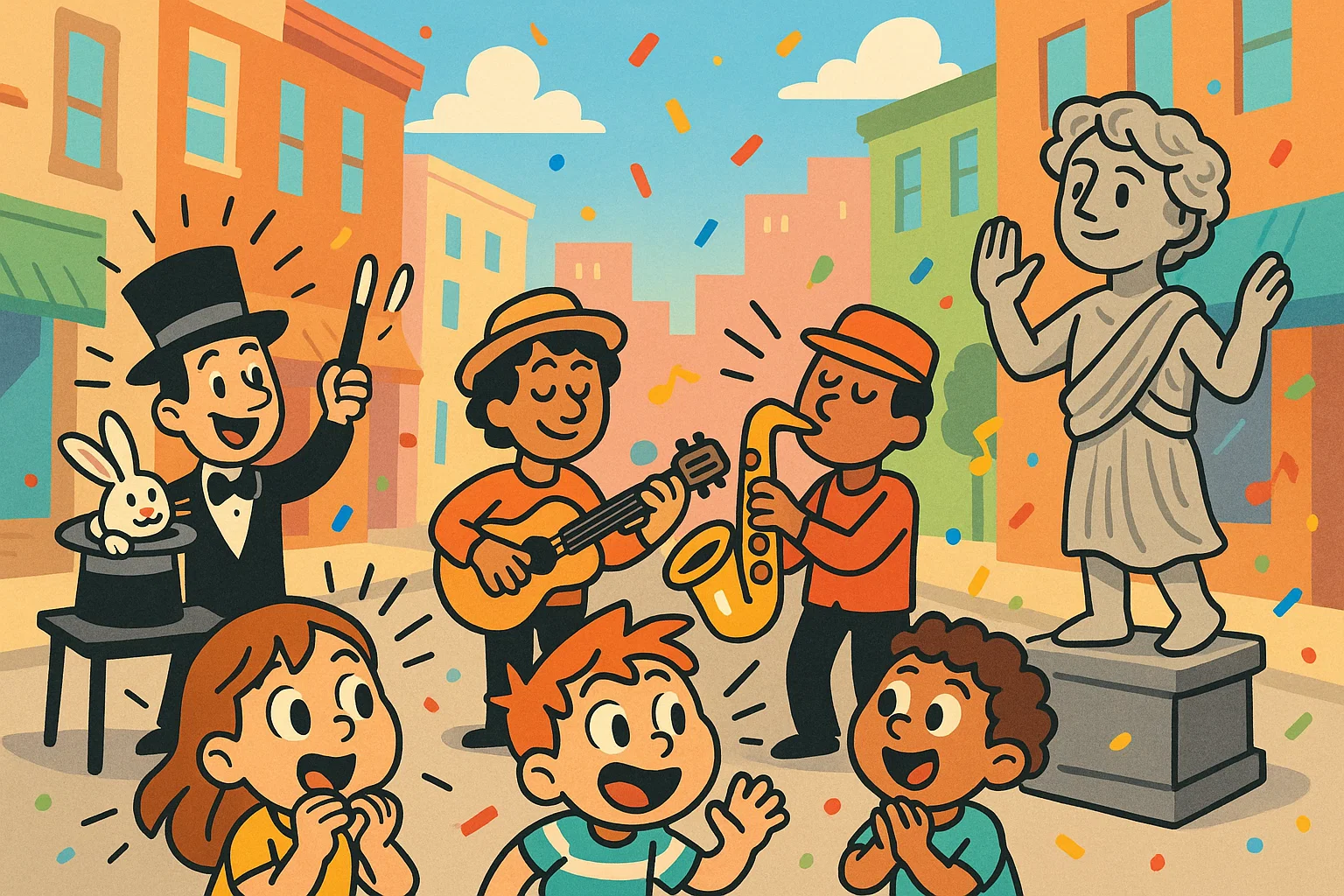 Free local entertainment for kids cartoon with street performers and families.

