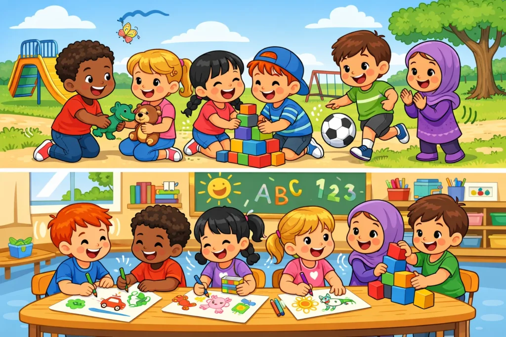 Friendship activities for kids playing together and building social skills.
