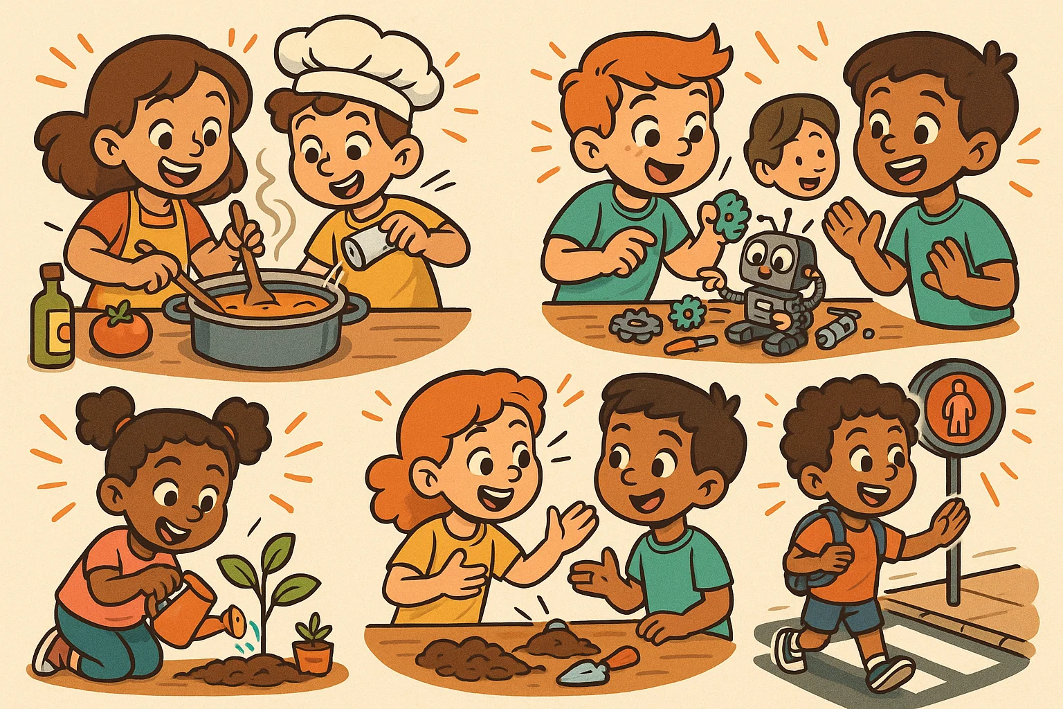  Fun activities teaching core life lessons for kids in vibrant cartoon scenes.