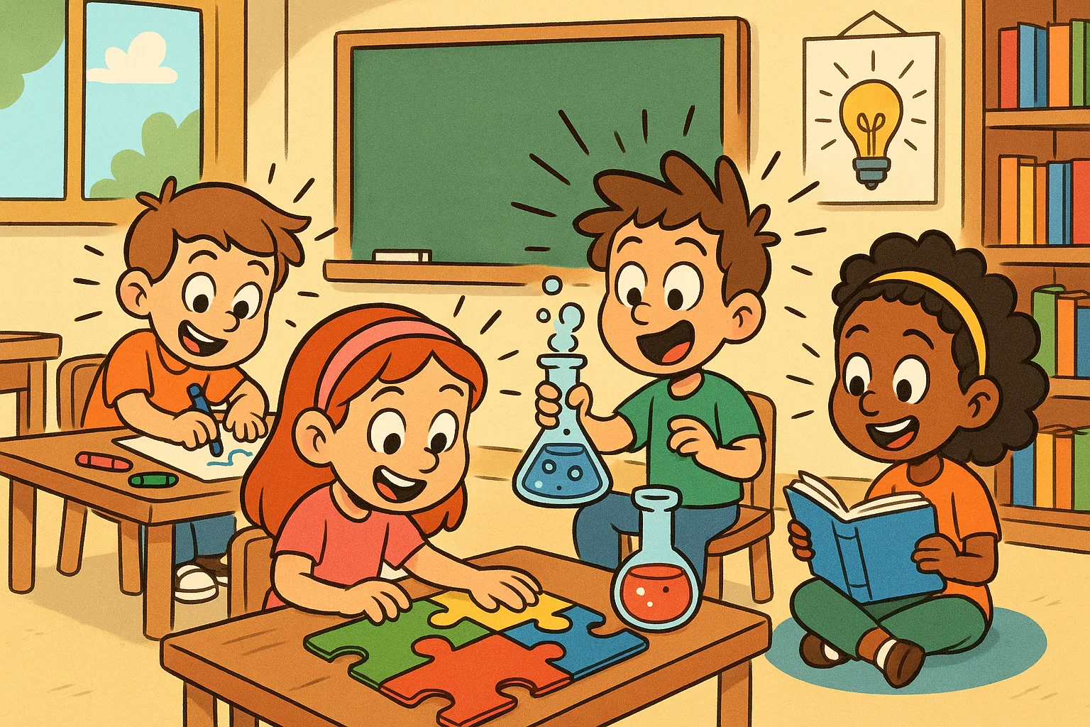  Children doing fun educational wellbeing activities in a colorful learning scene.
