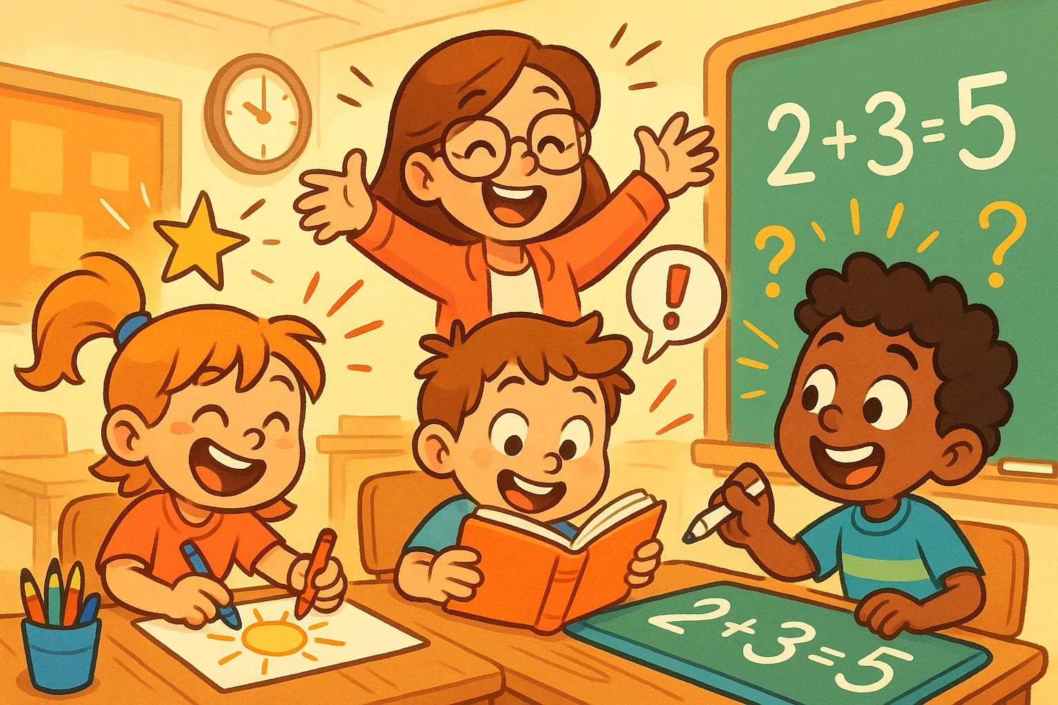Fun learning activities for 8 year olds in a playful cartoon classroom scene.