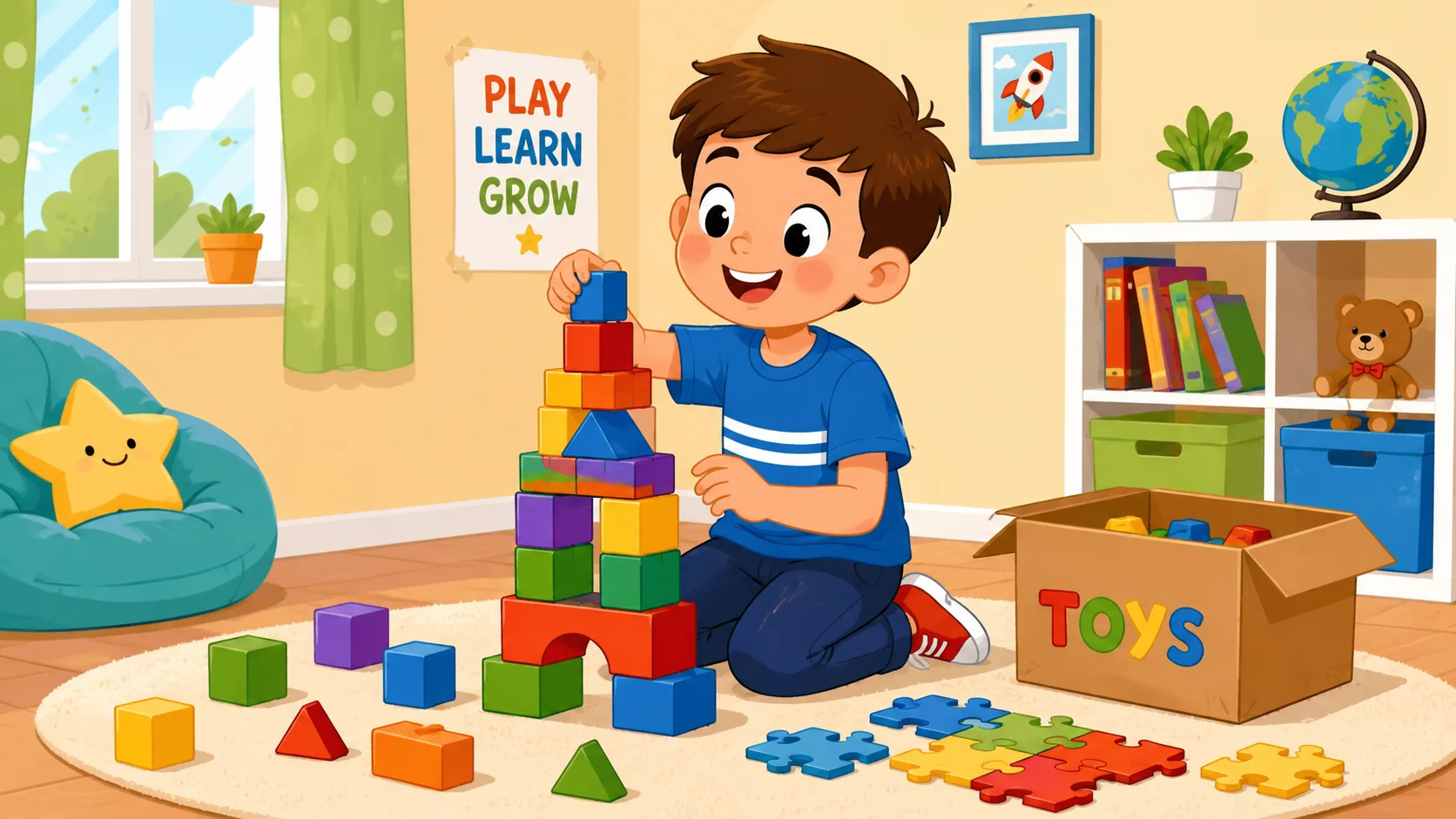  Fun learning block tower with puzzle pieces and cardboard box. 
