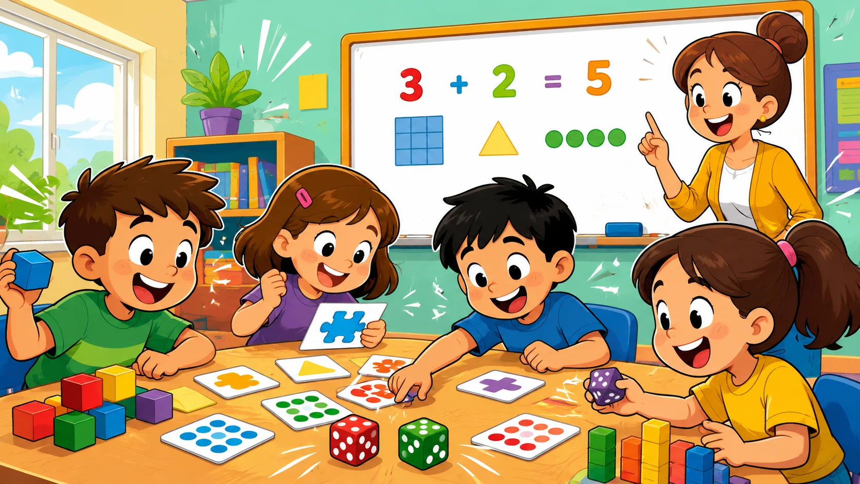Fun maths activities for kids in colorful classroom. 
