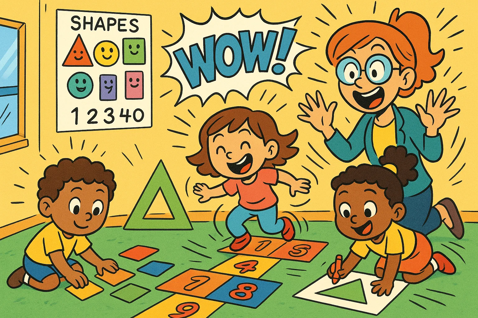 Cartoon fun teach shapes colors numbers activities with kids learning through play.

