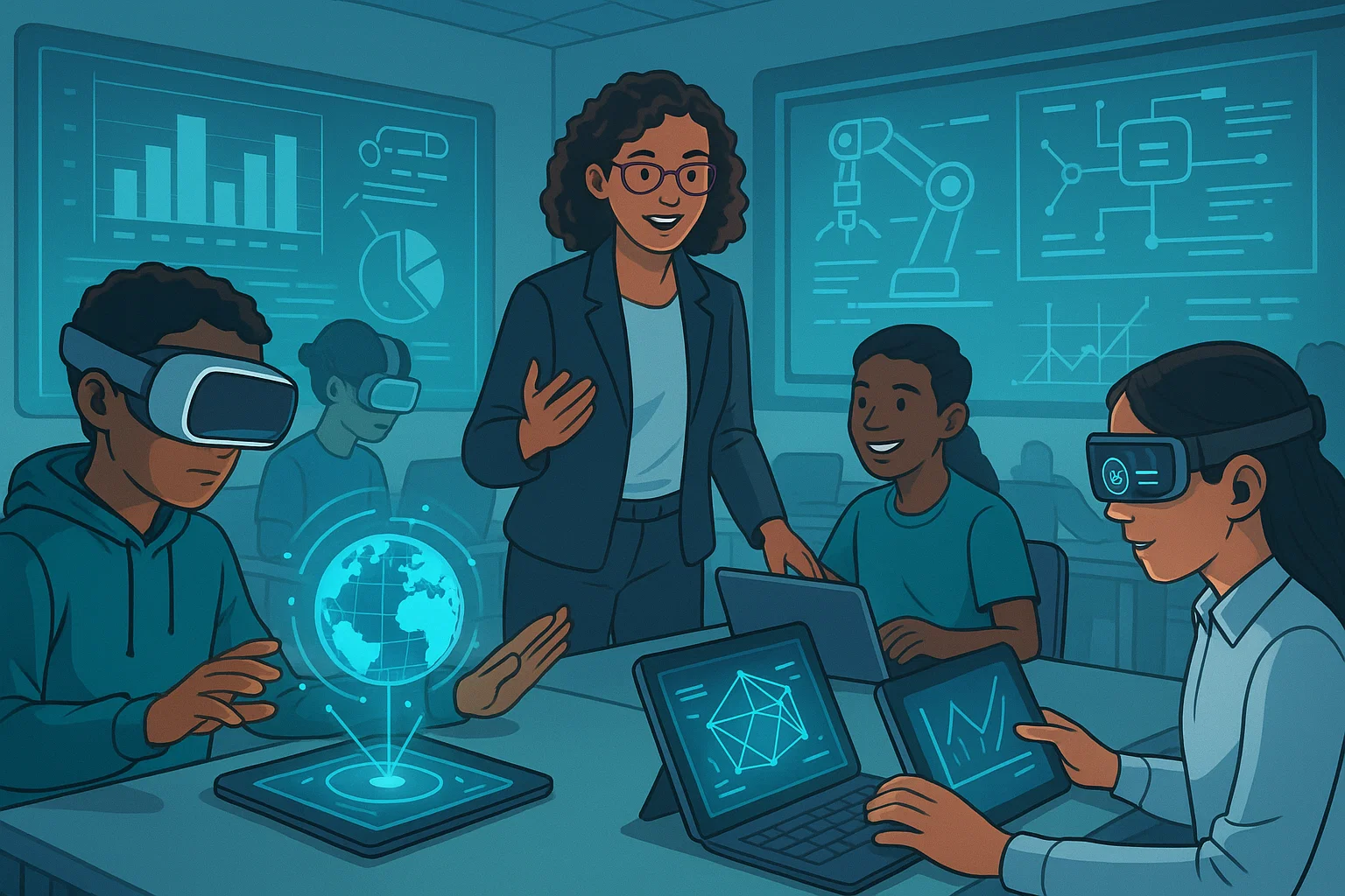 Futuristic classroom with students using VR and AI to prepare for future challenges through Oxford Curriculum.
