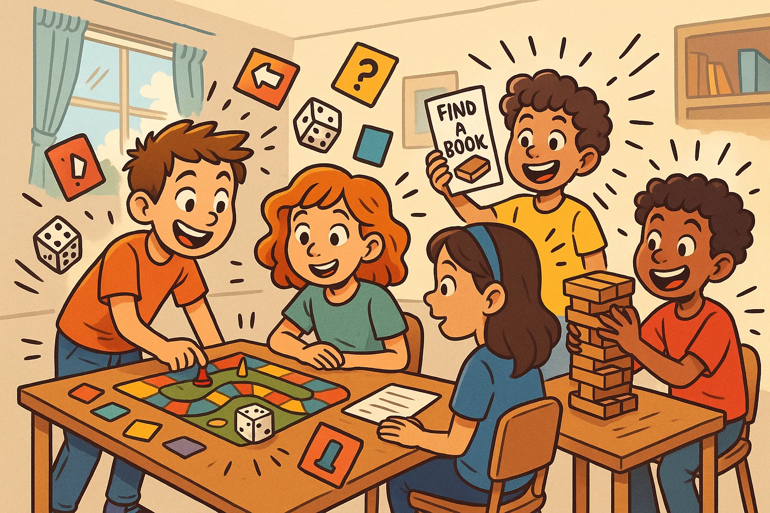 Fun games and activities for 11 year olds shown as a lively cartoon group challenge.