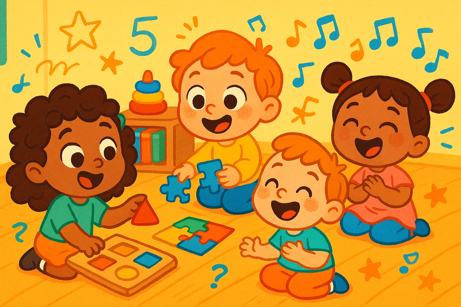 Games and activities for 4 year olds shown in a playful learning environment.