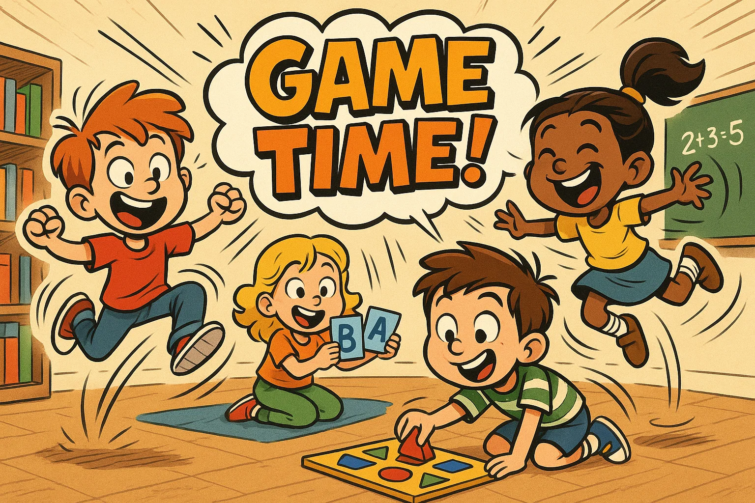 Games and activities for 7 year olds shown in a lively cartoon play scene.