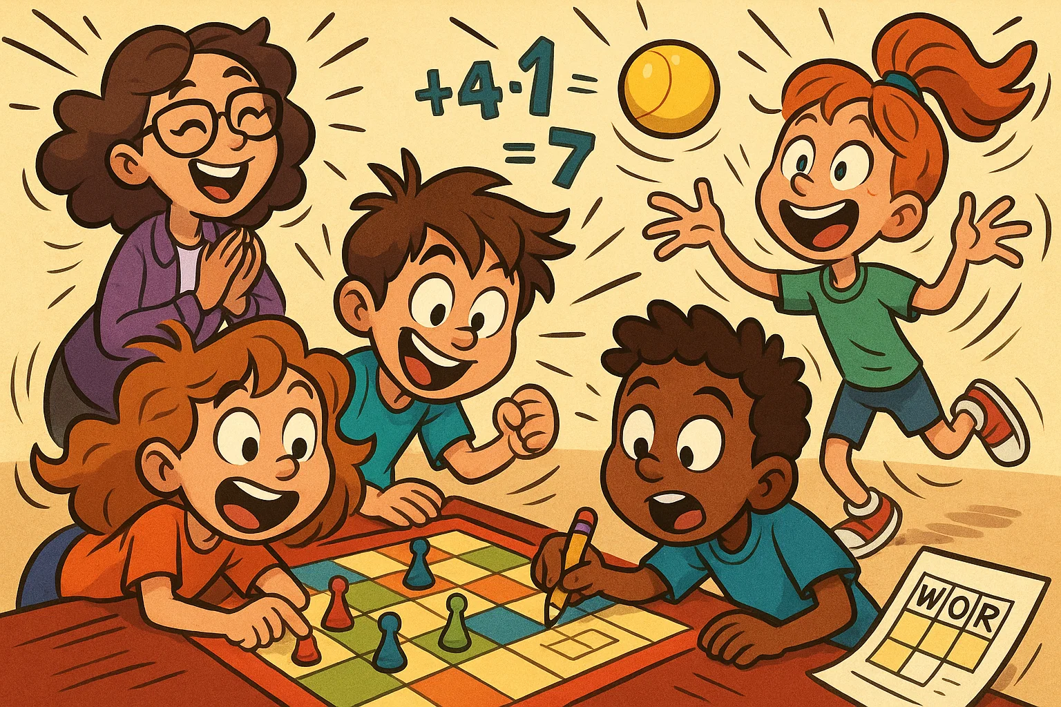 Games and activities for 8 year olds with cartoon children playing and learning.
