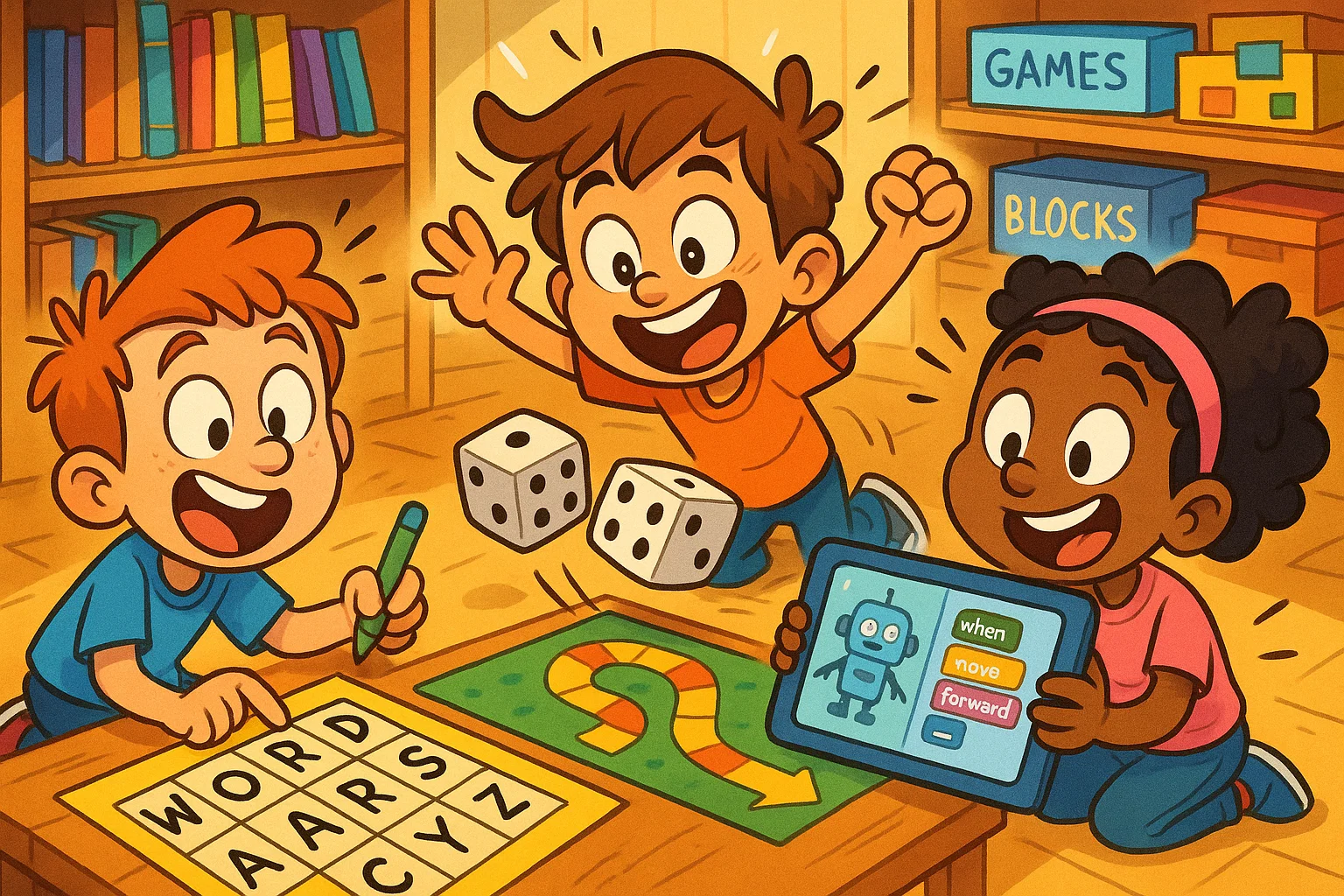 Cartoon of games and activities for age 10 with children solving puzzles and playing board games.