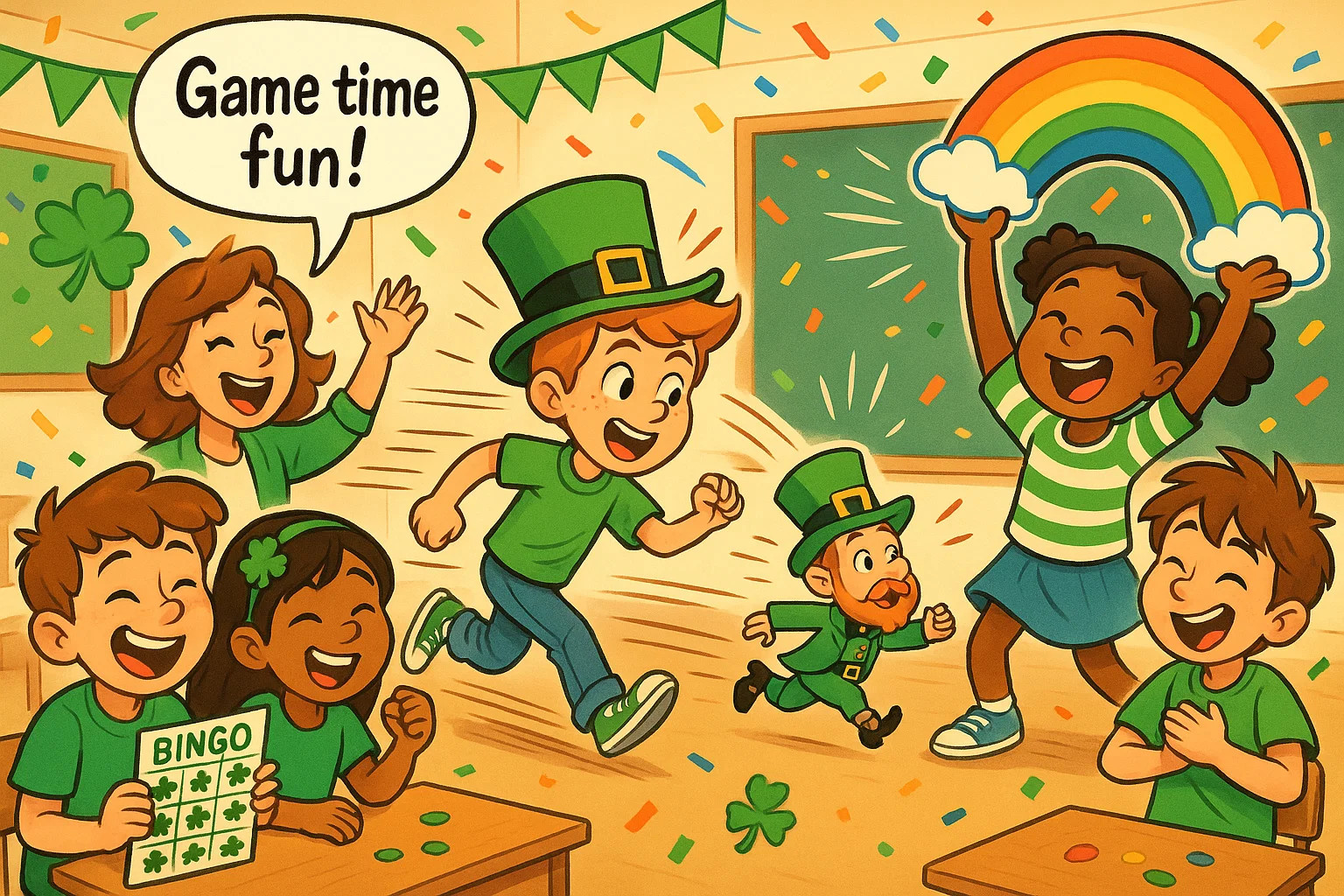 Kids playing games and playful activities for St Patricks Day in a cartoon scene.
