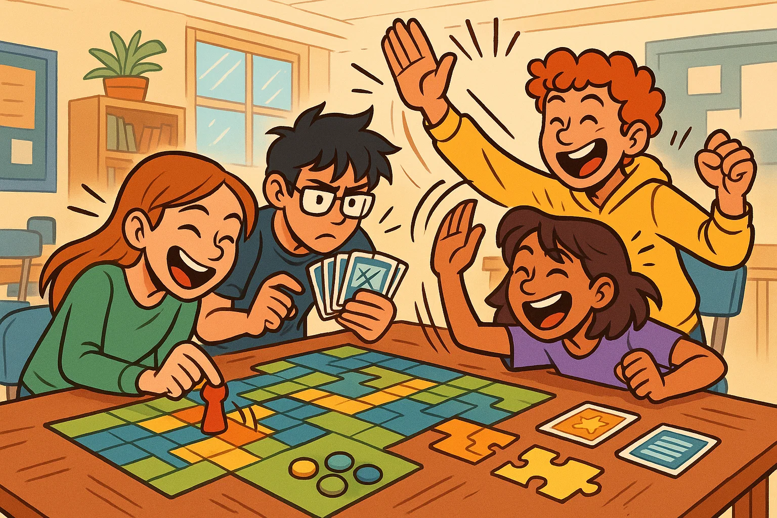  Teens playing games teamwork critical thinking with a strategy board game.