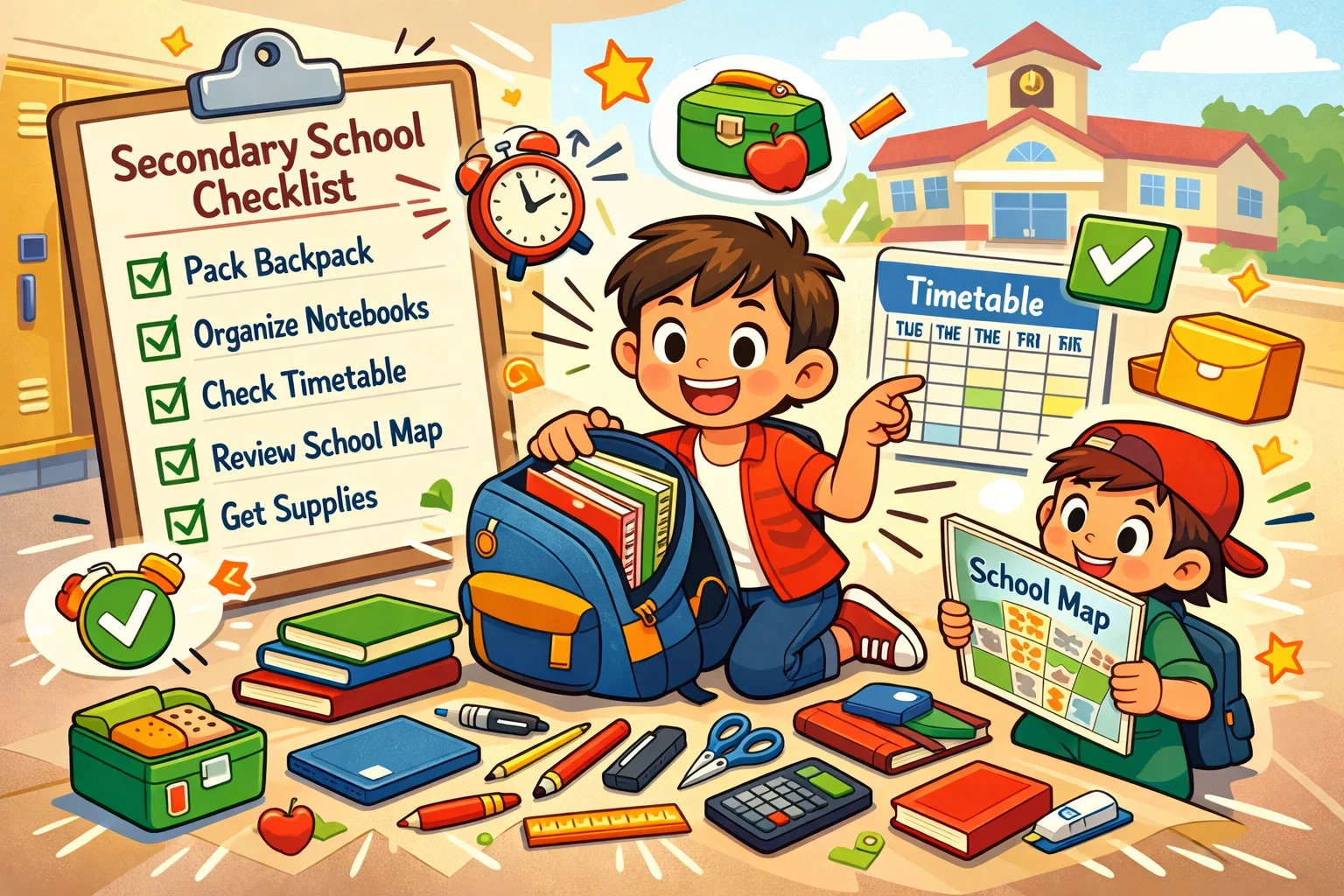 Get ready for secondary school checklist with backpack, timetable, and school supplies.
