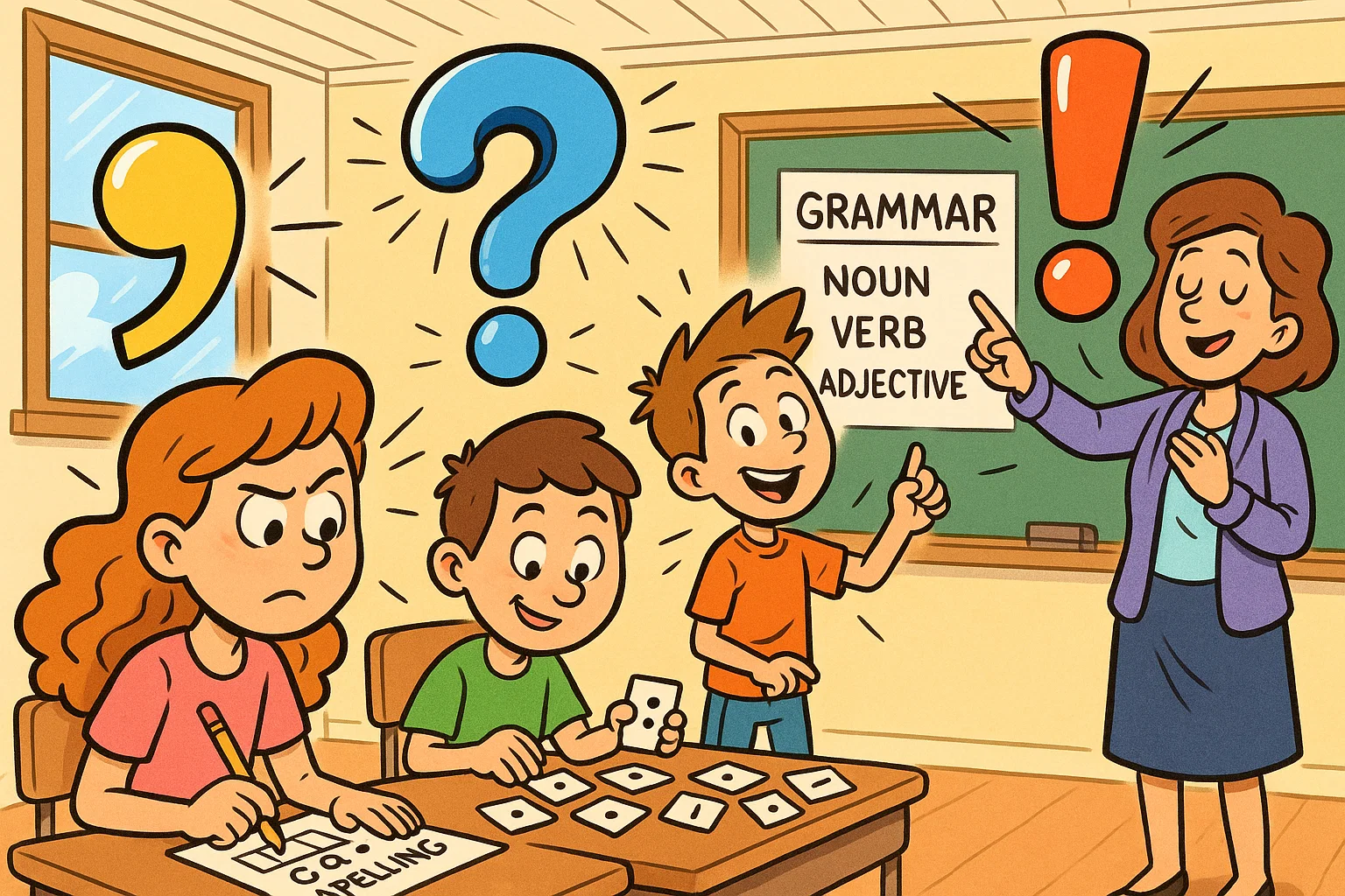 Grammar and spelling practice for 12 year olds illustrated with punctuation and word tasks.